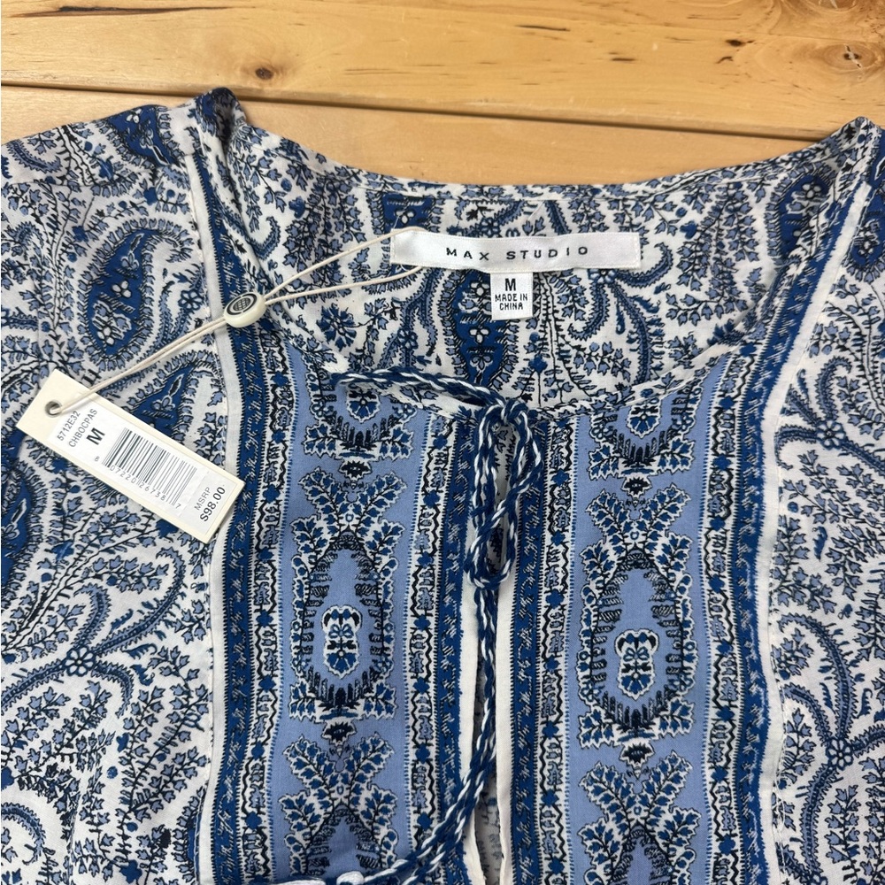 NWT Max Studio L/S Boho Peasant Blouse Shirt Size M Blue Paisley Floral Rayon - Picture 3 of 10